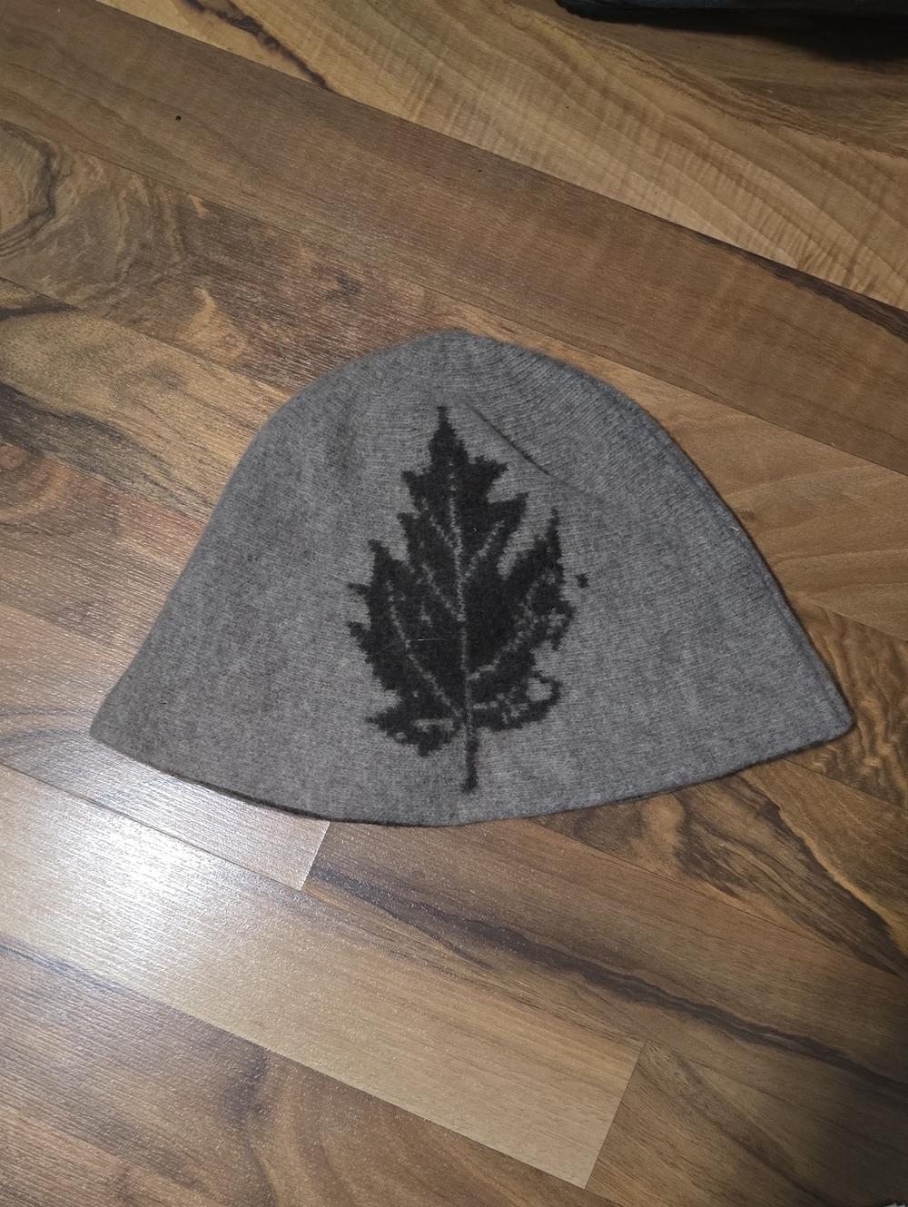100% Wool Gray Beanie with Black Leaf Motif